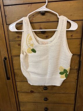 Skies Are Blue Cream Crochet Tank with Yellow & Green Lemon Appliqués